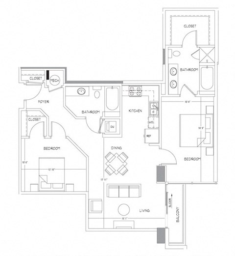 Floor plan for 2 beds, 2 baths, 1100 sqft